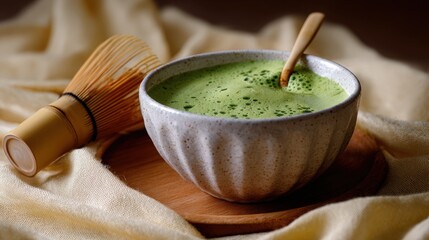 Matcha Green Tea in a Bowl with Bamboo Whisk