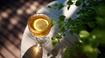 Glass of Iced Tea with Lemon on a Wooden Table Outdoors