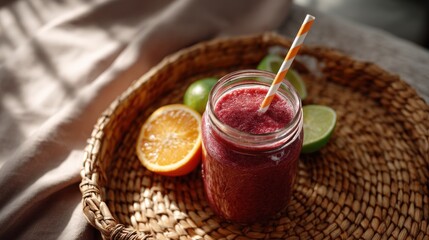 Red Berry Smoothie in Mason Jar on Wicker Tray
