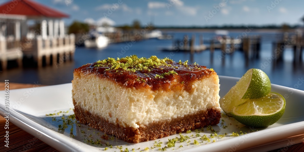 Aufkleber refreshing key lime pie slice served on a plate with a beautiful coastal view in the background