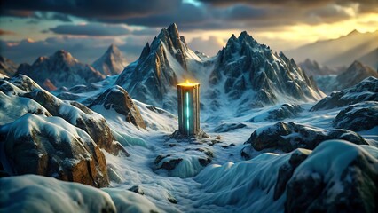 Epic Mountain Landscape: Frozen Peaks, Mystical Tower, Dramatic Sunset 3D icon high quality resolution