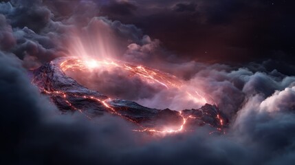 Glowing Ring of Fire Surrounding a Mountain Peak in Dark Clouds