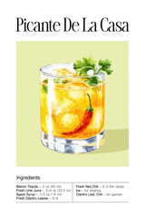 Picante De La Casa cocktail with chili pepper and cilantro garnish in rocks glass. Watercolor illustration with drink recipe text on light green background. Tequila-based spicy cocktail
