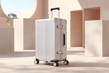 Sleek metallic suitcase with wheels in modern sunlit setting
