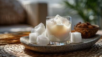 Creamy Almond Cocktail with Ice Cubes on a Sunlit Table