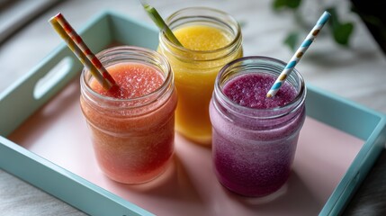 Three Colorful Fruit Smoothies in Mason Jars on a Pink Tray