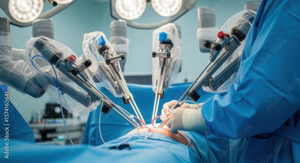 Poster modern surgical robot executing a complex operation while a skilled surgical team assists in a steri