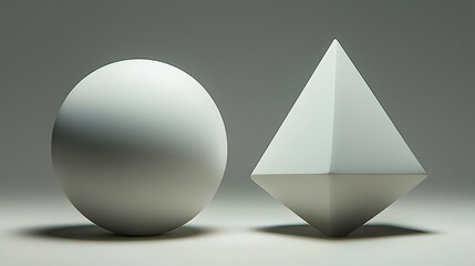 White sphere and octahedron on grey background; geometric shapes, 3D rendering, abstract shapes, design element