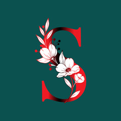 Elegant Floral Letter S Design with Red Gradient and White Flowers on Dark Teal Background for Decoration