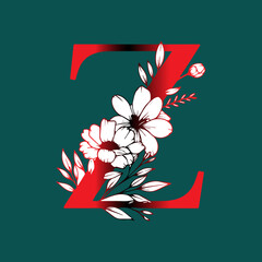 Elegant Floral Letter Z Design with Red Gradient and White Flowers on Dark Teal Background for Decoration