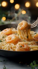 Steaming shrimp scampi pasta dish is served with fork on bokeh background