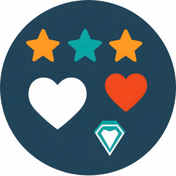 Three stars, two hearts, and a gem; customer satisfaction rating, review feedback icon