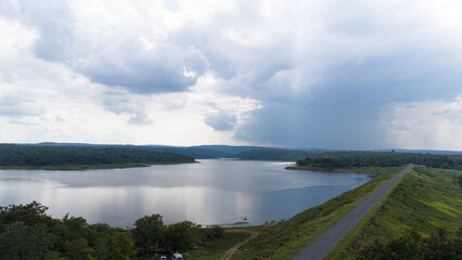 Drone shot. Aerial view scenic landscape of a large river delta amid a lush forest at the tropical Asia place