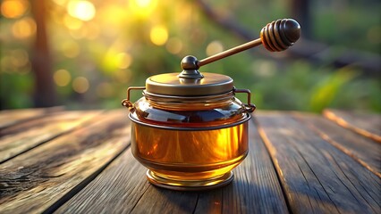 Golden Honey in Rustic Setting: A Jar of Sweetness 3D icon high quality resolution