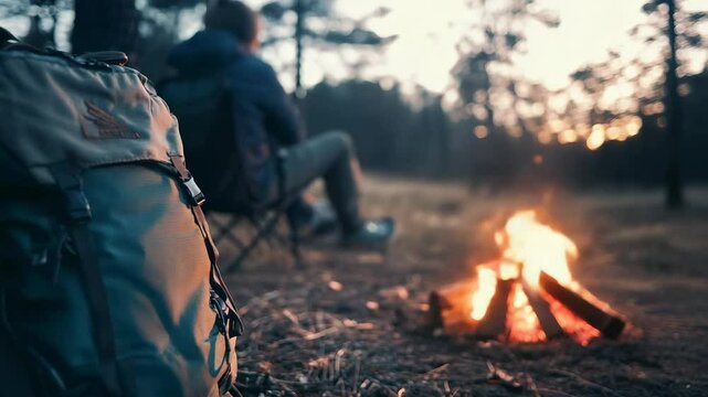 Green backpack lying on the ground near a burning campfire while a hiker is resting on a portable chair, enjoying the warmth and the sunset in a forest