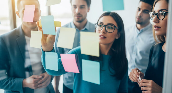 Team brainstorming, using colorful sticky notes on glass wall, showcasing collaborative teamwork and planning process, ideal for business or project management concepts