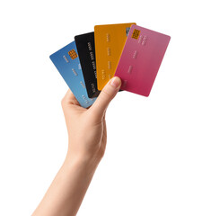 Female hand with credit cards on white background