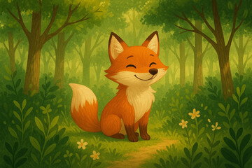 Naklejka premium Smiling Fox in Woodland: A cheerful fox with a fluffy tail sits contentedly within the lush embrace of a vibrant woodland scene, surrounded by verdant trees and a charming pathway.