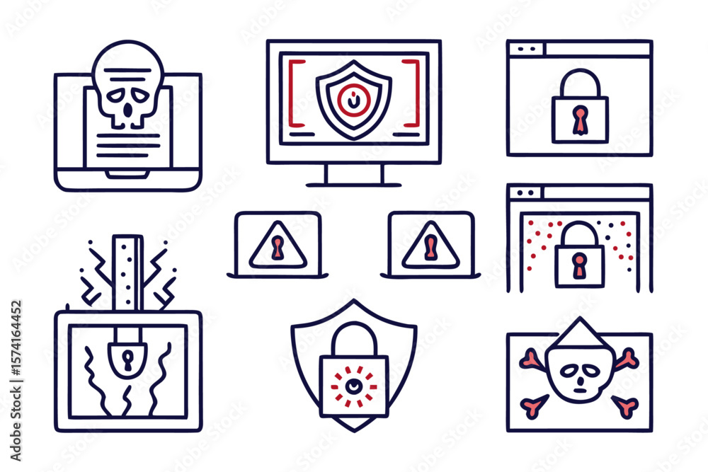 Poster modern and sleek collection of graphic elements representing online security threats data breaches a