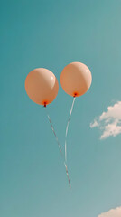 Obraz premium Two peach balloons float against a clear blue sky with a small cloud; perfect for celebrating or commemorating