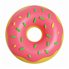 A delectable 3d rendered image of a vibrant and delicious donut with pink frosting and colorful sprinkles against a clean white background.
