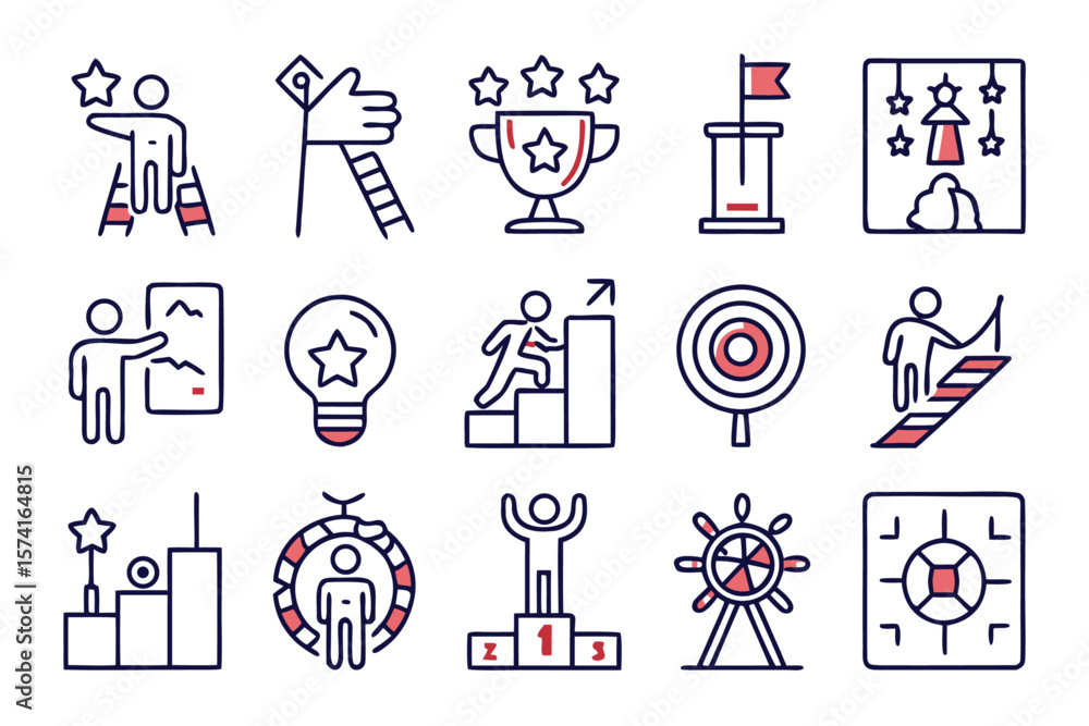 Poster comprehensive collection of clean line art symbols representing personal development achievement and