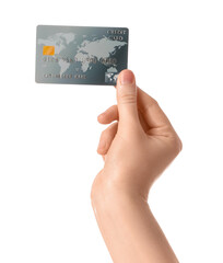 Female hand with credit card on white background