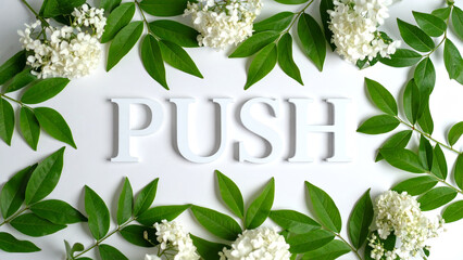 PUSH Text in Dynamic Minimalist Style – Realistic Typography with Green Tropical Floral Leaves