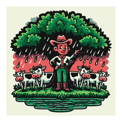 Cartoon Farmer Woman with Pitchfork in Front of Mountain Landscape Scene