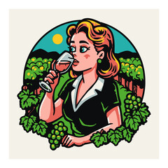 Vintage Cartoon Woman Enjoying Wine in a Vineyard Landscape Scene