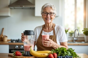 Elderly Woman Making Fresh Smoothie – Vibrant Healthy Morning in Sunlit Modern Kitchen
