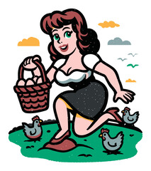 Vintage Cartoon Woman Collecting Eggs in Farmyard with Chickens and Barn
