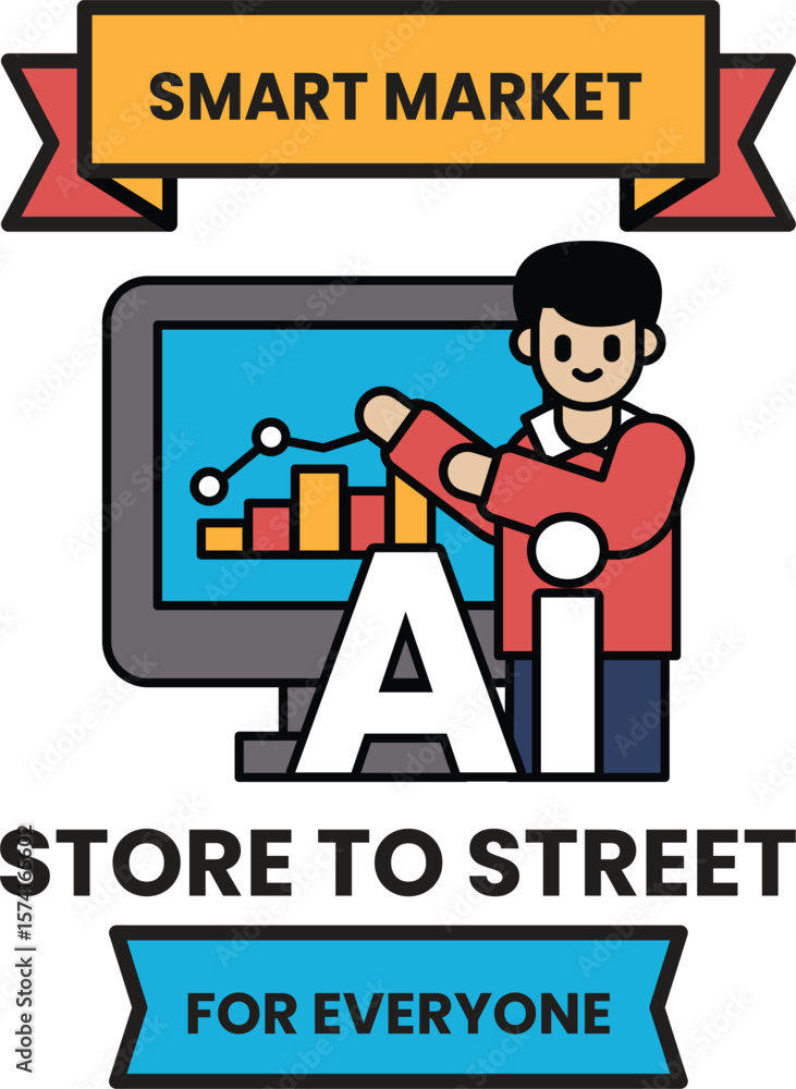 Poster a man is standing in front of a computer monitor with a smile on his face