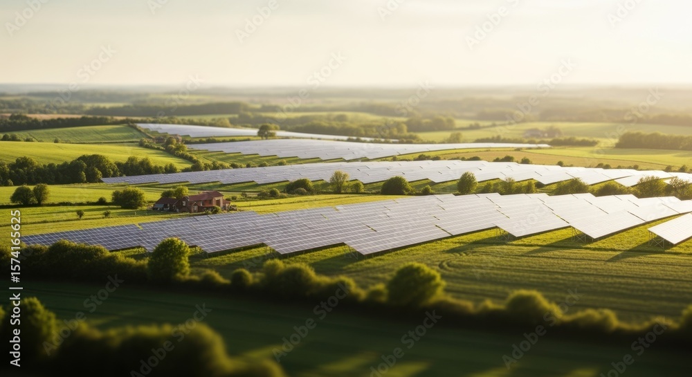 Poster rows of solar panels are capturing the last rays of the setting sun, generating clean energy in a pi