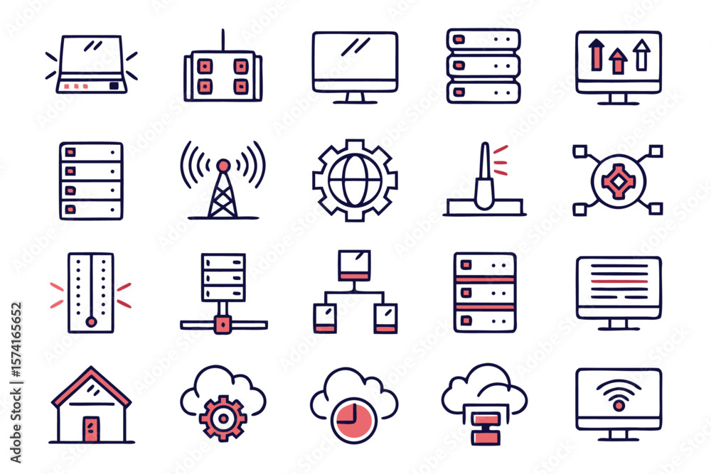 Poster a collection of twelve simple minimal and thin line graphics representing network connections and di