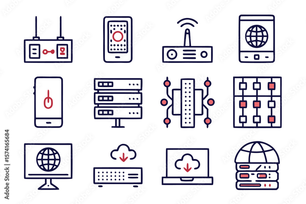 Poster a collection of twelve distinct modern and clean line art symbols representing various network and c
