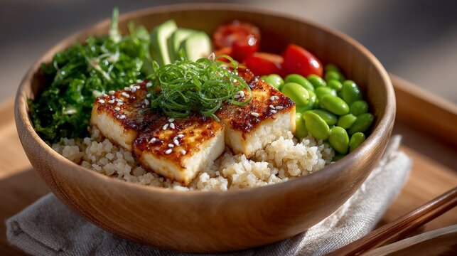 Vibrant vegan bowl with crispy tofu, edamame, and fresh vegetables
