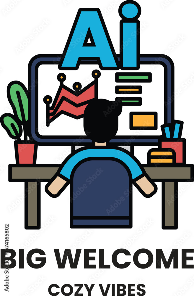 Poster a man is sitting at a desk in front of a computer monitor