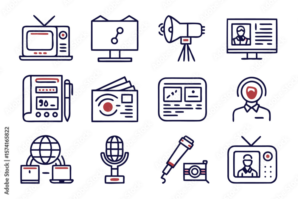Poster comprehensive collection of clean line art symbols representing various news and media concepts perf