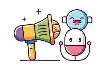 Marketing Health Awareness Cute Cartoon Characters with Megaphone and Medical Symbolism for Promotions