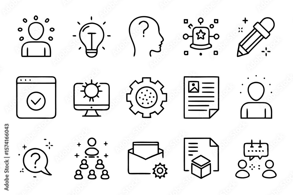 Poster collection of modern line style icons representing various aspects of an office workspace environmen