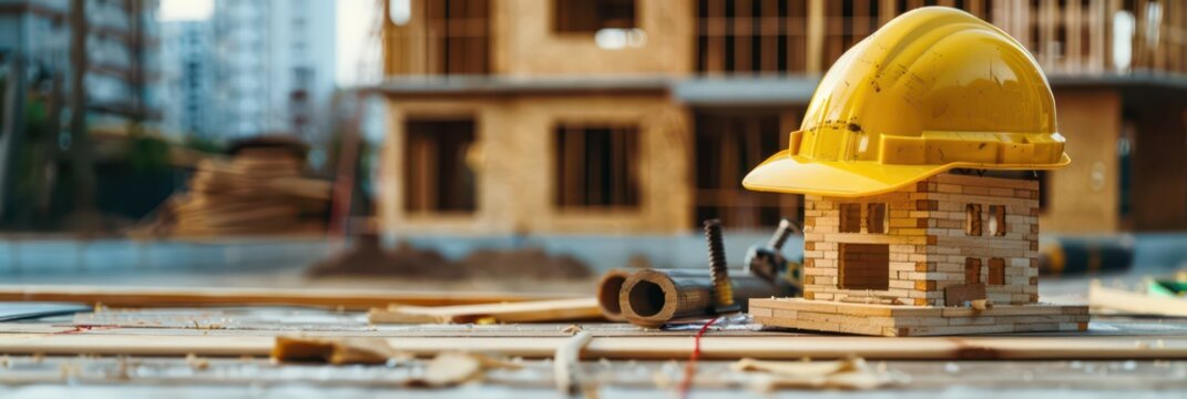 National builder day celebration with construction models and hard hat on site. Horizontal banner. Copy space. International Workers Day. Safety and Health at Work