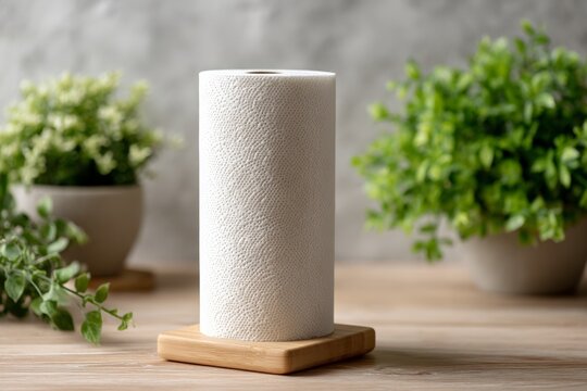 Textured paper towel roll on wooden stand with potted plants in background