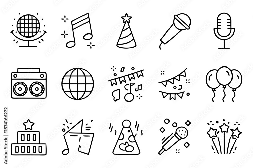 Poster collection of festive celebration and party themed line art symbols for web use featuring elements f