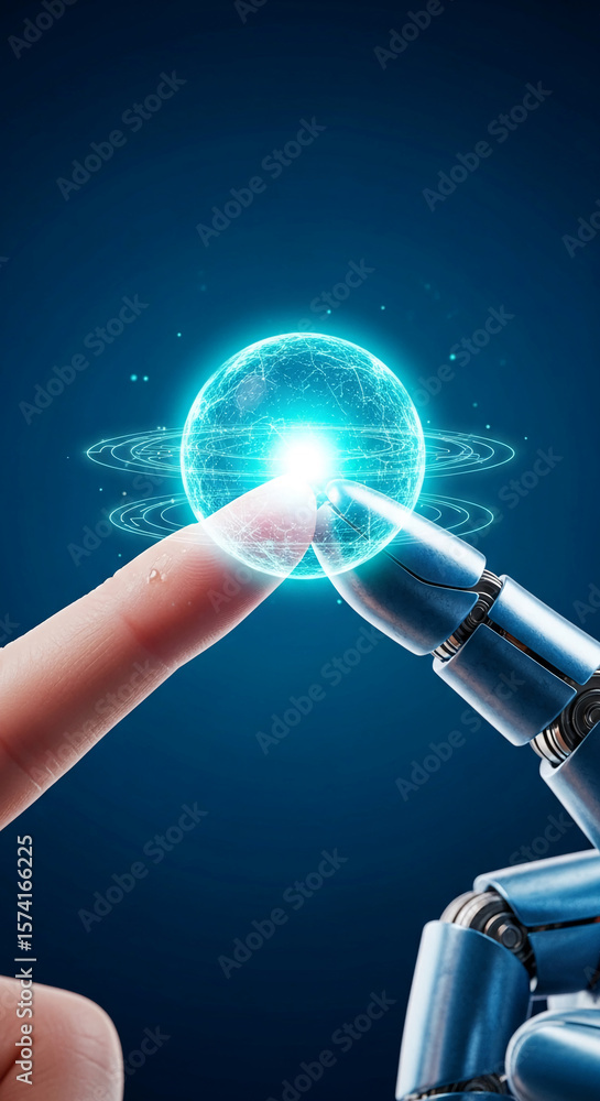 Canvas Prints human finger and robotic hand interact with glowing sphere, symbolizing technological advancement an
