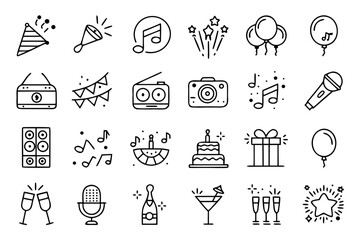 Fototapeta premium A curated collection of celebratory and party themed graphic elements presented in a clean modern line art style for digital use and design projects