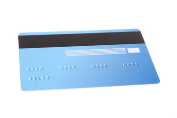 Flying blue credit card on white background, back view