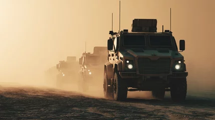 Fototapete Fahrzeug Military vehicles in desert convoy  © Dassen