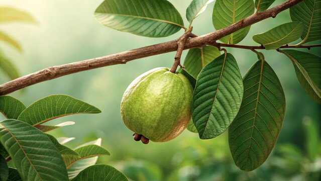 A guava fruit hanging from a branch emphasizes the freshness with leaves,diffused light suggesting a sunny day