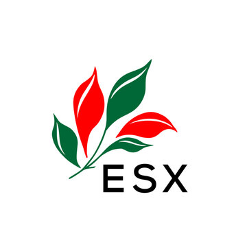 ESX Abstract Botanical Logo with Elegant Typography, ESX Later Logo, Modern Nature Inspired Logo with Red and Green Leaves.
